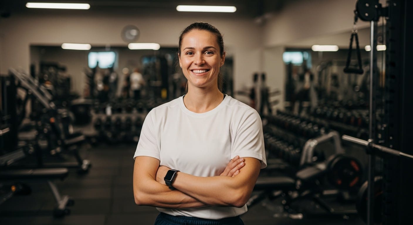 Тренер в спортзале, готовый помочь, с улыбкой смотрит прямо